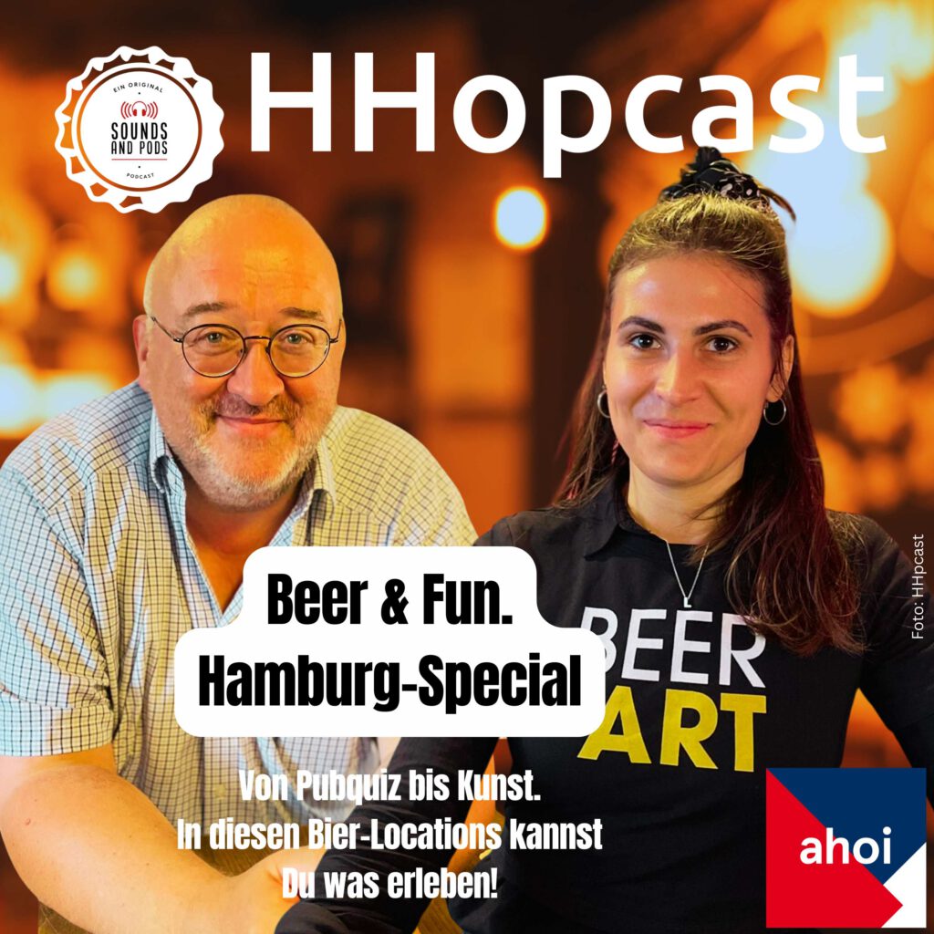 HHopcast Podcastcover zur Folge Beer & Fun, zwei Porträts (Kalle und Lana), vor Pubszene. 