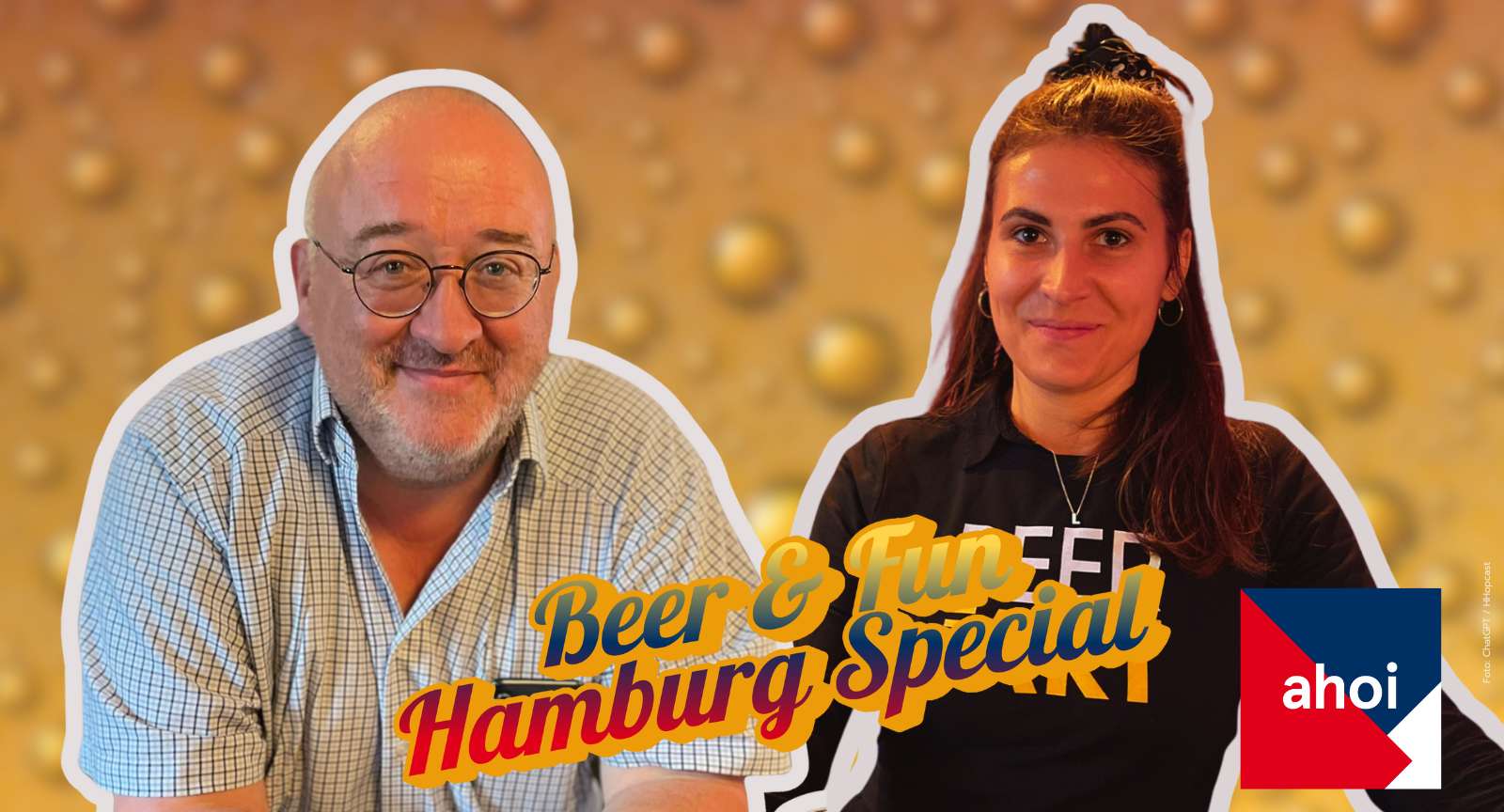 Kalle und ana, freigestellte Porträts vor gelbem Hintergrund, davor die Zeile: Beer & Fun. Das Hamburg Special